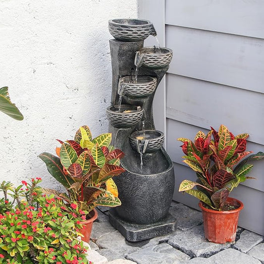 35.83''H Indoor Outdoor Modern Water Fountain 6-Tiers Garden Cascading Fountains Curve Shape Floor Standing Waterfall Water Feature with LED Light for Yard Deck Patio Home Art Decor