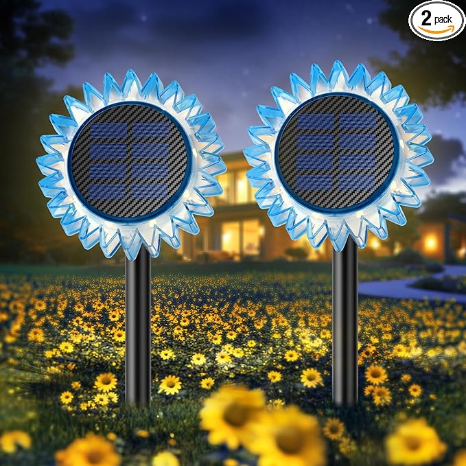 Solar Garden Lights - Upgraded Solar Sunflower Light, Ground/Wall 2 in 1, Solar Outdoor Lights Waterproof IP67,Garden Yard Patio Backyard Pathway Landscape Fence Wall Decoration, Warm White(2 Pack)