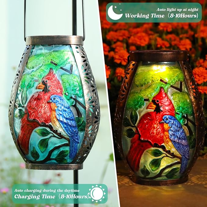 MUMTOP Solar Lanterns Outdoor Waterproof Cardinal Bluebird Solar Powered LED Lights Hanging Solar Lantern Metal Decorative for Patio Table Garden Outside Yard Backyard