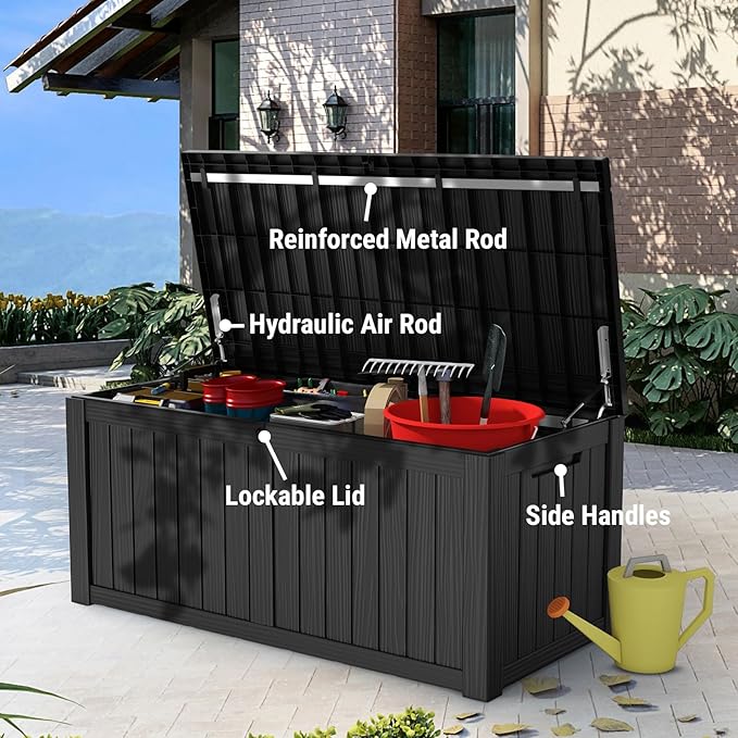 Mars Villa 119 Gallon Outdoor Storage Box Waterproof, Large Resin Deck Box for Pool Supplies Storage, Outdoor Patio Furniture Cushions, with Hydraulic Hinge, UV-Resistant and Weatherproof, Black