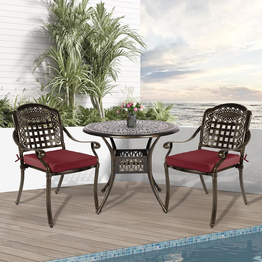 3-Piece Outdoor Patio Dining Set, All-Weather Cast Aluminum Patio Furniture Set for Backyard Garden Deck with 2 Cushioned Chairs and 35.4” Round Table, 2" Umbrella Hole, Chili Red