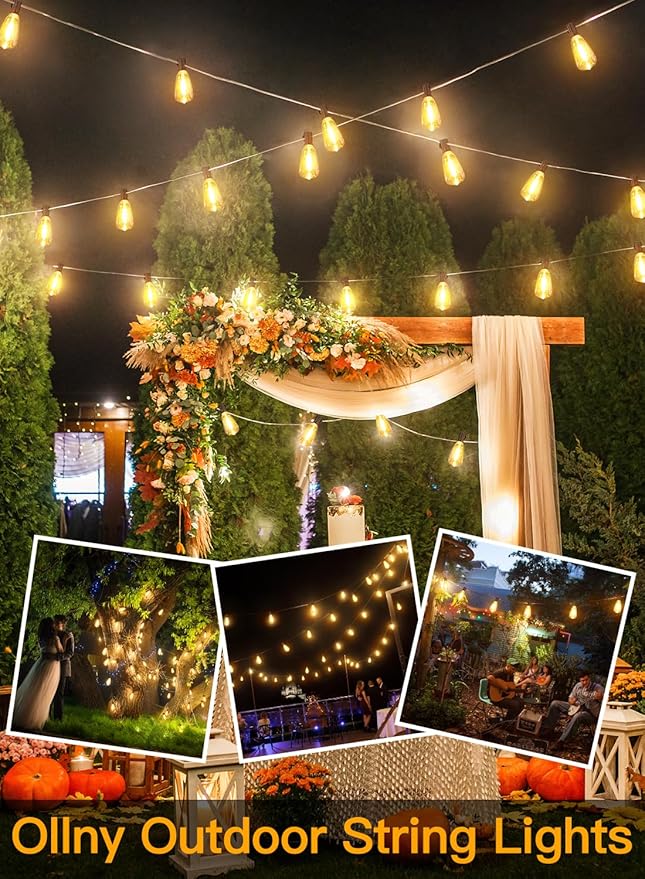 Ollny Outdoor String Lights 120FT with 60+2 Spare ST38 Vintage Bulbs, Shatterproof Connectable Patio Lights, 2200K Warm White Waterproof Outside Hanging Light for Yard Camping Gazebo Porch Balcony