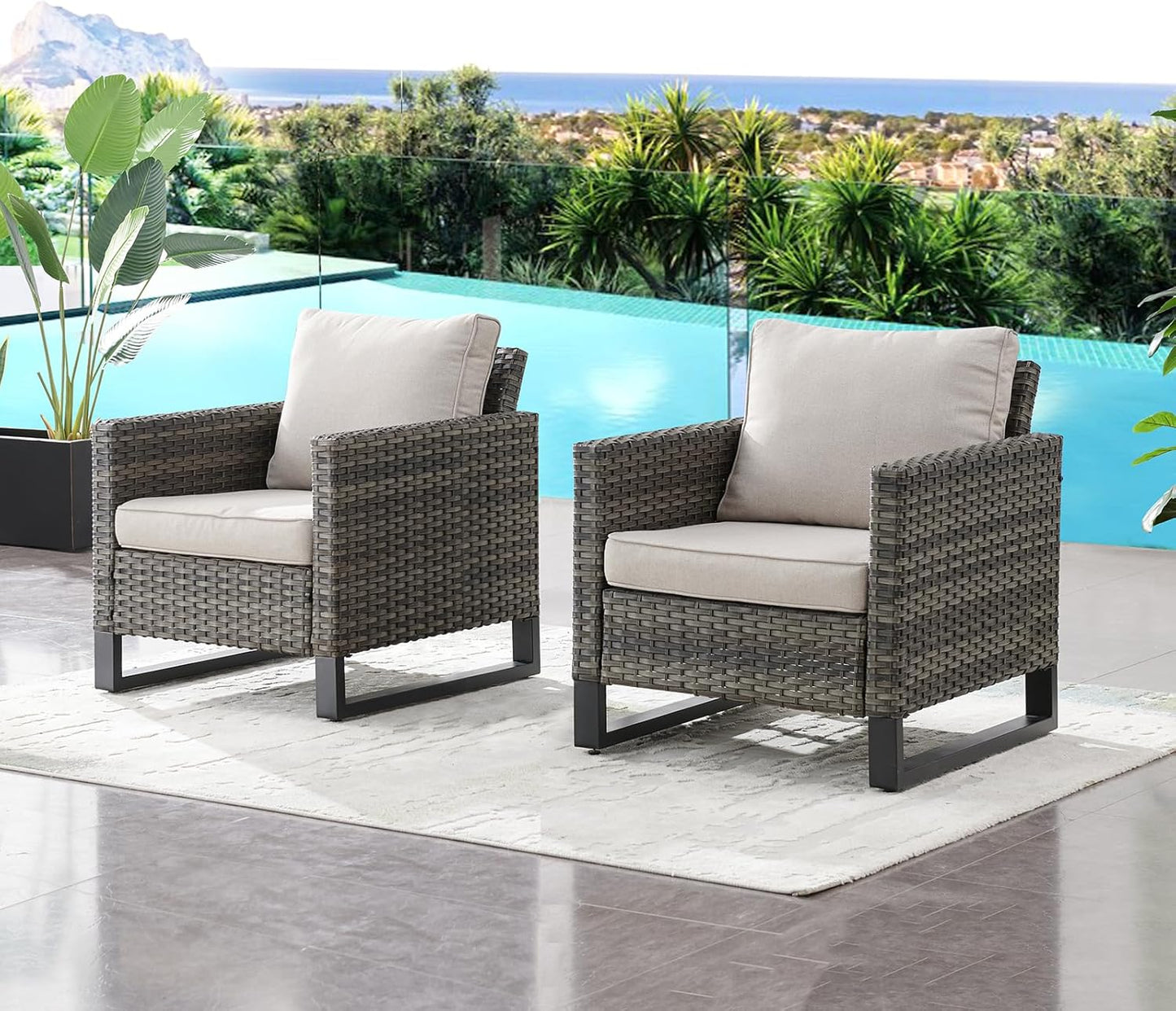 HUMMUH Outdoor Chairs PE Wicker Patio Dining Chairs Set of 2 High Back Metal Frame Porch Chairs with 4 inch Seat Cushions