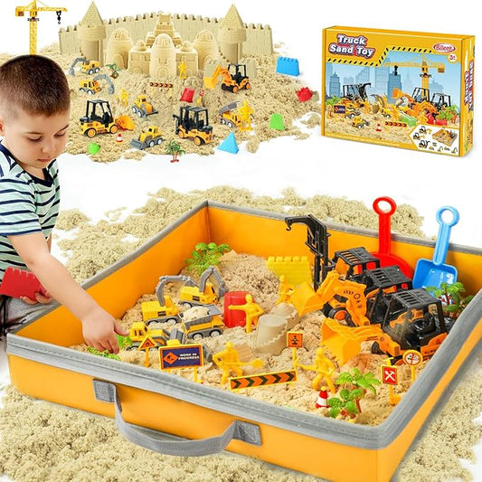 Sand Construction Kit with Big Foldable Sandbox and 2.2lbs Magic Sand, Truck Toys Including Castle Molds and Other Accessories - 36Pc Set for Kids 3+