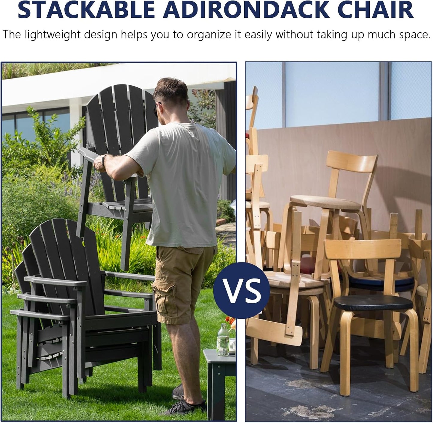 Stackable Adirondack Chair, HDPE Outdoor Patio Chair - Durable and Space Saving, Suitable for Porches, Lawns or Garden, Grey