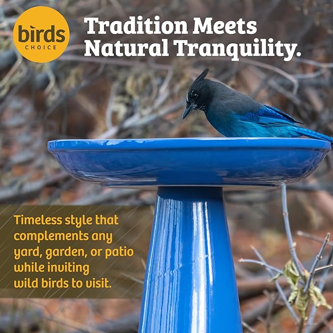 Birds Choice Ohio Stoneware Bird Bath | Pedestal Bird Bath, Stable Locking Top | Weather-Resistant Ceramic Clay, Glazed Finish | Outdoor Garden & Patio Decor | 22" H x 17" D, Gray