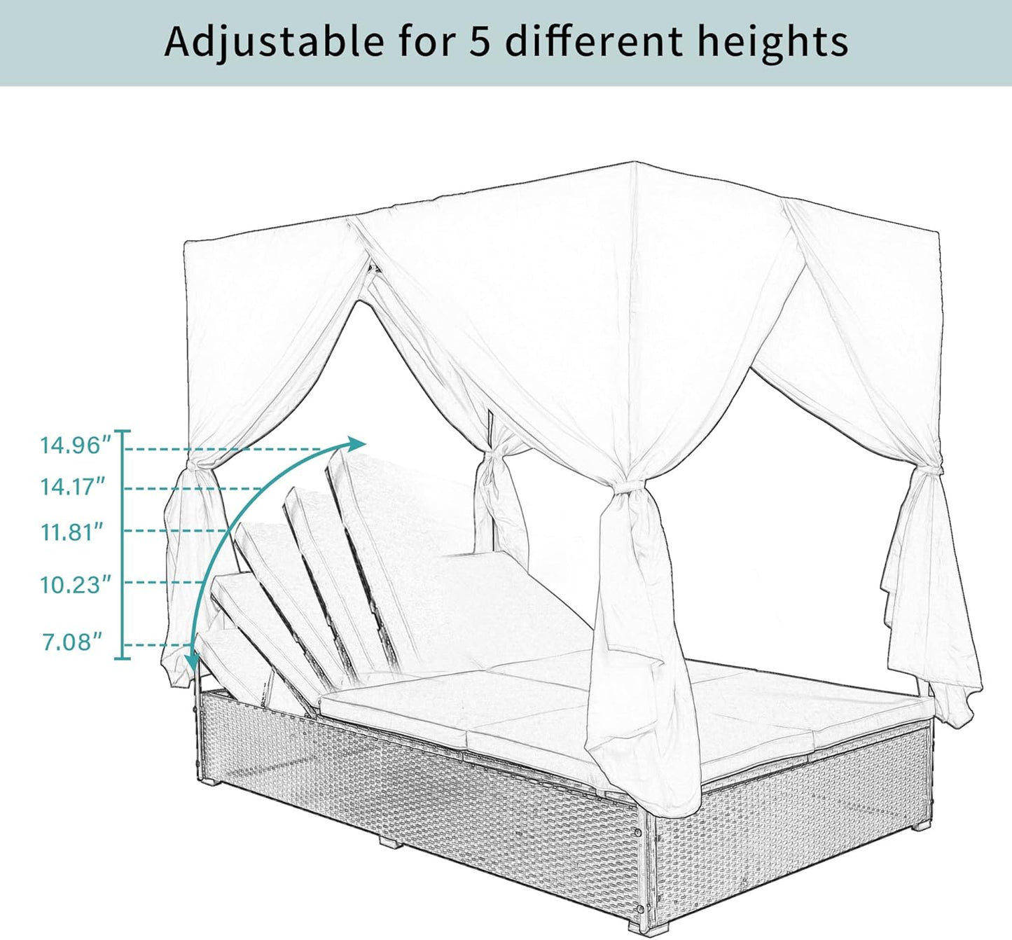 Patio Chaise Lounge, PE Rattan Outdoor Patio Wicker Sunbed Daybed with Adjustable Seats, Four-sided Canopy, Overhead Curtain and Blue Cushions for Backyard, Garden, Poolside (for 2-6 people)