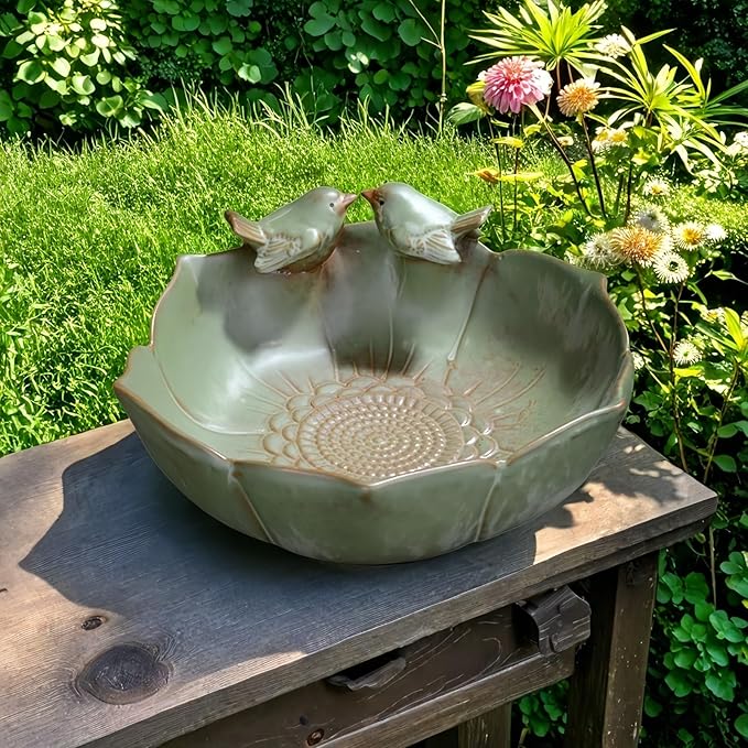 Bird Bath for Outside on Ground, 10 in Ceramic Birds Bath Bowl, Handmade Ground Bird Feeders and birdbath for Outdoors for Outdoors, Garden, Tabletop, Balcony and Lawn (Big - deep)