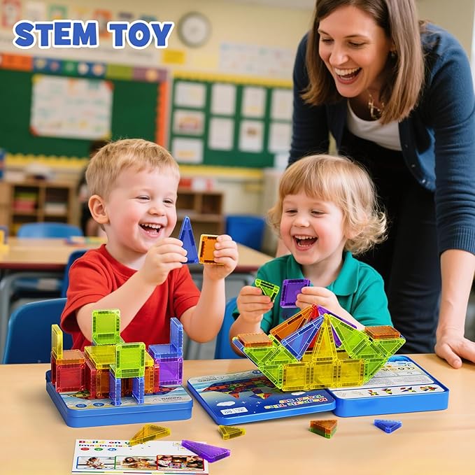 60PCS Mini Magnetic Tiles Travel Set with Metal Storage Box, Magnetic Blocks Kids Toy 3D Clear Magnetictiles Road Trip ‌Essentials Montessori Preschool Classroom Must Haves Xmars Gift for Age 3+