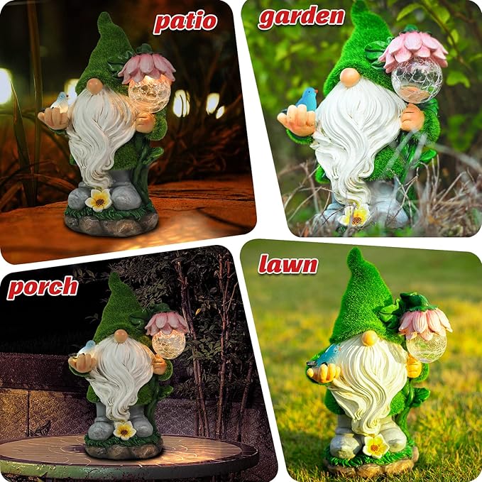 Garden Gnome Statue - Funny Gnome Decoration Hold Flower with Solar Crackle Glass Globe Lights, Resin Gnome Figurine Ornament for Patio Yard Lawn Porch Outdoor Decor