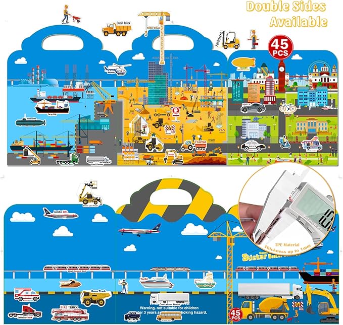 Reusable Sticker Book for Kids, 45pcs Vehicles Cars 3D Jelly Stickers Toddlers Activity Book for Boys Girls Road Trip Toddler Airplane Train Travel Essentials Toy
