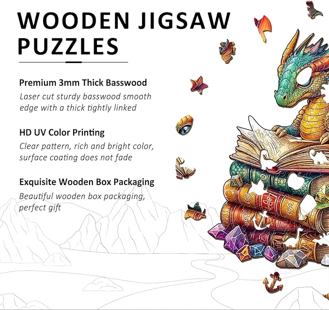 Wooden Puzzles for Adults - Reading Dragon Wood Puzzles Adult - Unique Animal Shape Wooden Jigsaw Puzzles for Adults - Birthday Gifts for Puzzle Lovers, Family (8.5 * 8.5in)