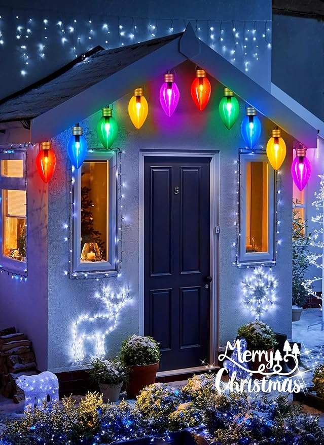 2 Pack Super Jumbo Christmas String Lights or Pathway Marker Lights, Outdoor Xmas Decorations- 11Ft 5 LED Jumbo C9 Hanging Lights Waterproof Lawn Dec for Holiday Home Tree Roof Yard Garden, Multicolor