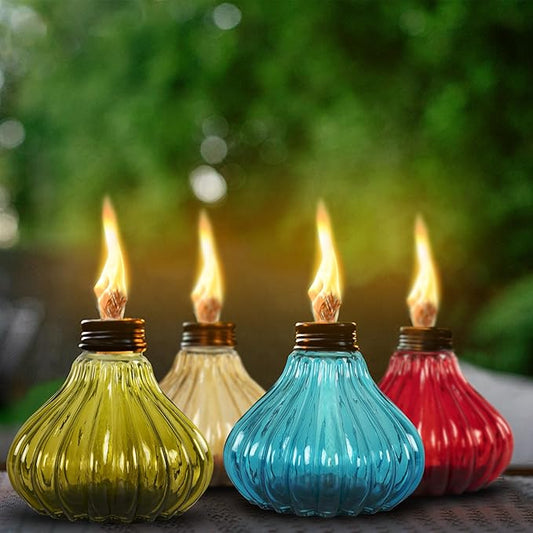 Deco Window Pack of 4 Table Torch for Indoor Outdoor Citronella Oil Tabletop Glass Lamp Landscape Multicolored Lantern with Fiberglass Wick & Cap for Garden Patio Yard Party Decor Light