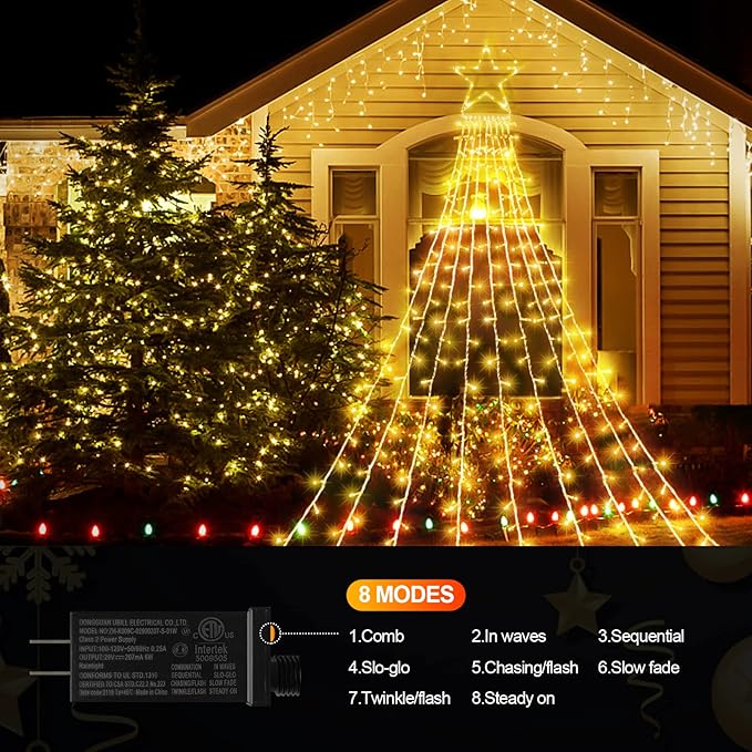 JXLEDAYY Christmas Lights Outdoor Decorations 344 LED Star Lights - Easy to Install Waterproof Fairy String, 8 Modes Xmas Tree for House Garden Party Wedding Holiday-Warm White