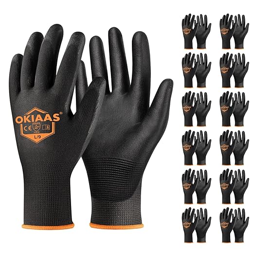 OKIAAS Work Gloves for Men,Ultra Thin and Lightweight Working Gloves with Grip,12 Pairs Bulk Pack Construction Gloves with Polyurethane Coating,Safety Gloves for Light Duty Work (Black, Large)