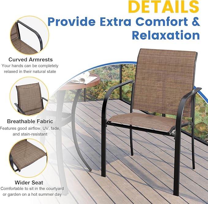 VICLLAX 5 Pieces Patio Dining Set for 4, Outdoor Furniture Set Includes 40.7" Round Patio Table and 4 Patio Stackable Chairs, Black Tabletop and Brown Fabric