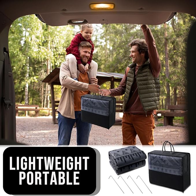 OLANLY Outdoor Rug Waterproof 9x12 ft, Reversible Outdoor Plastic Straw Rug, Boho Patio Rug, Indoor Outdoor Carpet, RV Mat Outside for Patio, Camp, Picnic, Balcony, Deck, Backyard, Black & Grey