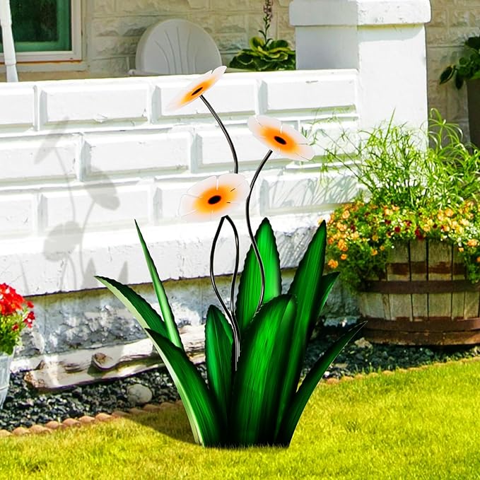 Upgraded Large Metal Yard Art, Metal Agave Plant Yard Decorations Outdoor Sculpture, Metal Flowers for Outside, Waterproof Outdoor Garden Decor (Green + White Flower)