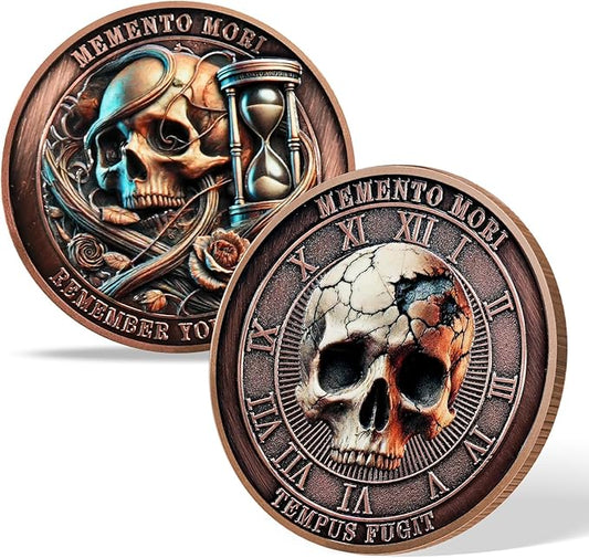AtSKnSK Memento Mori Coin Momento Mori Coin Skull Coin Stoic Gifts Memento Mori Calendar Living Memento Mori Amor Fati Coin (Time Disc Skeleton)