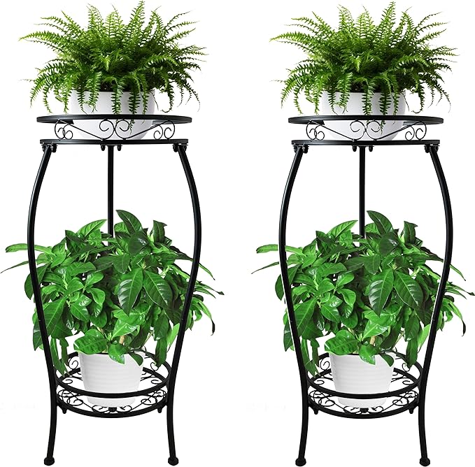 CASIMR 2Pack Plant Stand Indoor Outdoor, 2 Tier 26.6" Tall Metal Potted Holder Rack Multiple Flower Pot Stand Heavy Duty Plant Shelf Rustproof Iron Plant Round Supports Rack