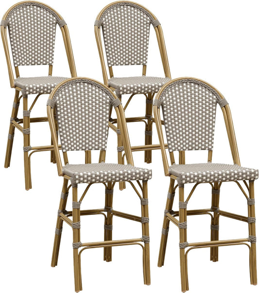 PURPLE LEAF French Counter Height Bar Stool Set of 4 25" Bamboo Print Finish Patio Bar Chairs with Back Rattan Bar Chairs French Bistro Set for Kitchen Outdoor Counter Stool Grey