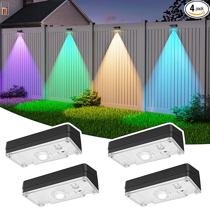 Solar Fence Lights,Fence Lights Solar Powered Waterproof IP65 Multicolor Led 12 Fixed Colors ＆RGB Color Changing for Pool, Deck, Patio, Porch, Stairs, Holiday(4)