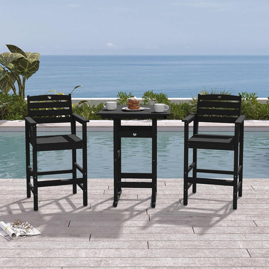 3-Piece Bar Height Outdoor Table and Chairs Set, HDPE Wood Grain Patio Bar Table and Chairs with Heart Cutout Design, Weather-Resistant Bar Height Furniture for Deck, Porch, Pool (Black)