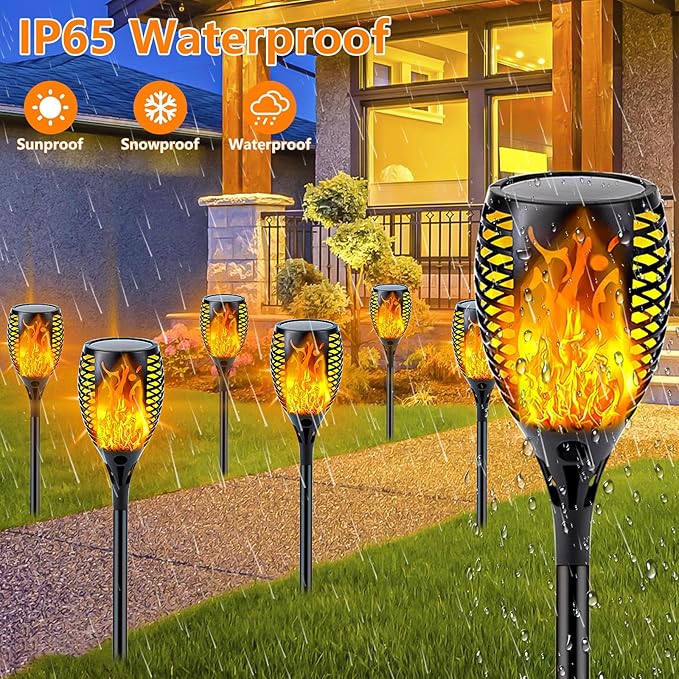 SANJICHA 4 Pack Super Larger Size Solar Flame Torch Extra Bright Tiki Lights Outdoor Decorative with Flickering Flame, Solar Outdoor Lights Waterproof Lamps for Outdoor use Garden Pathway Yard