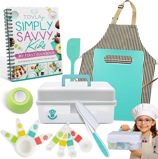 Tovla Jr. Kids Real Cooking Set | Cooking Tools for Kids Ages 5–12 | Montessori-Inspired Beginner Kitchen Kit with Visual Recipe Cookbook & Storage Case | Christmas & Birthday Gift for Boys & Girls