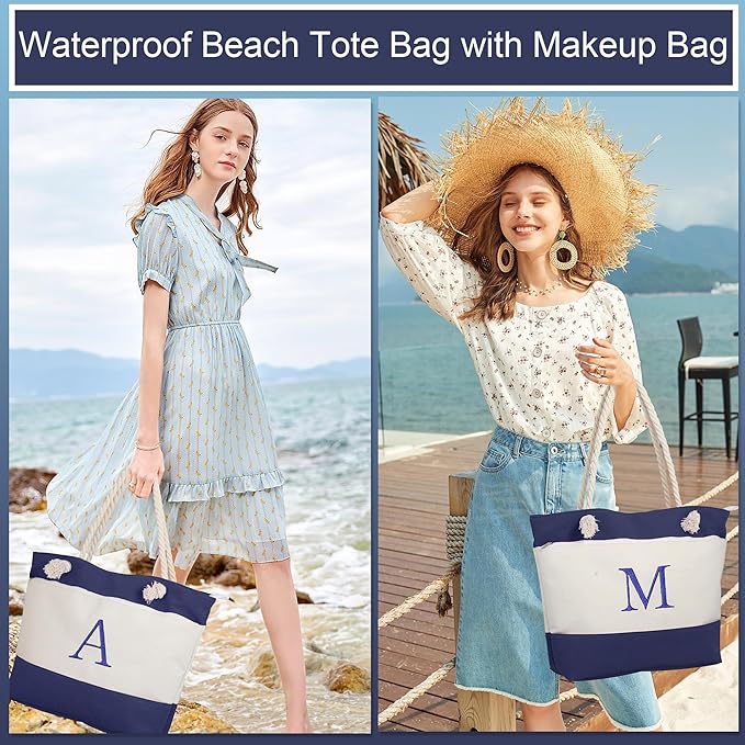 YOOLIFE Beach Bags for Women - Initial Tote Waterproof Bag with Makeup Bag, Mothers Day Gifts for Women Mom Friend Birthday