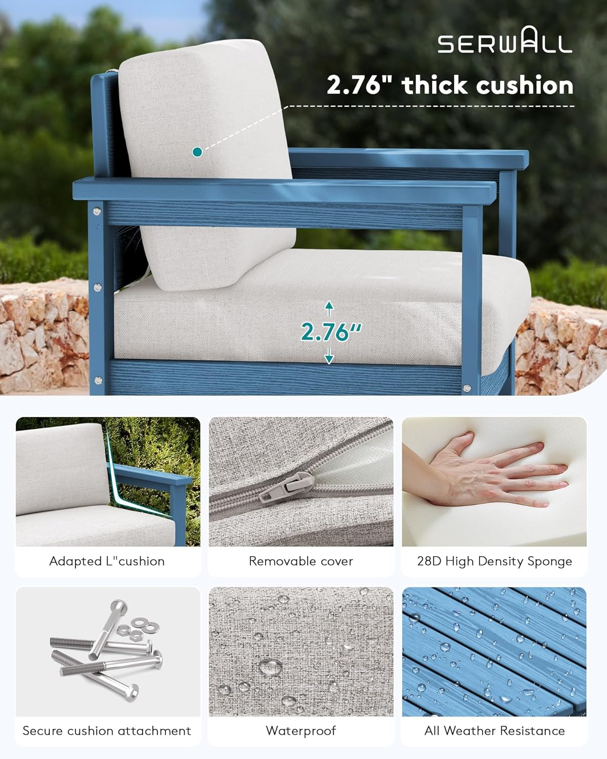 SERWALL Blue HDPE Outdoor Loveseat with Khaki Cushions