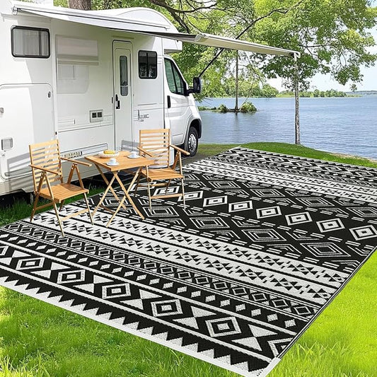 WILDROOTS 8x10 Feet Black and White Plastic Outdoor Rug, Stain Resistant Waterproof Reversible Outdoor Patio Rug, Fade Resistant Camping Rug