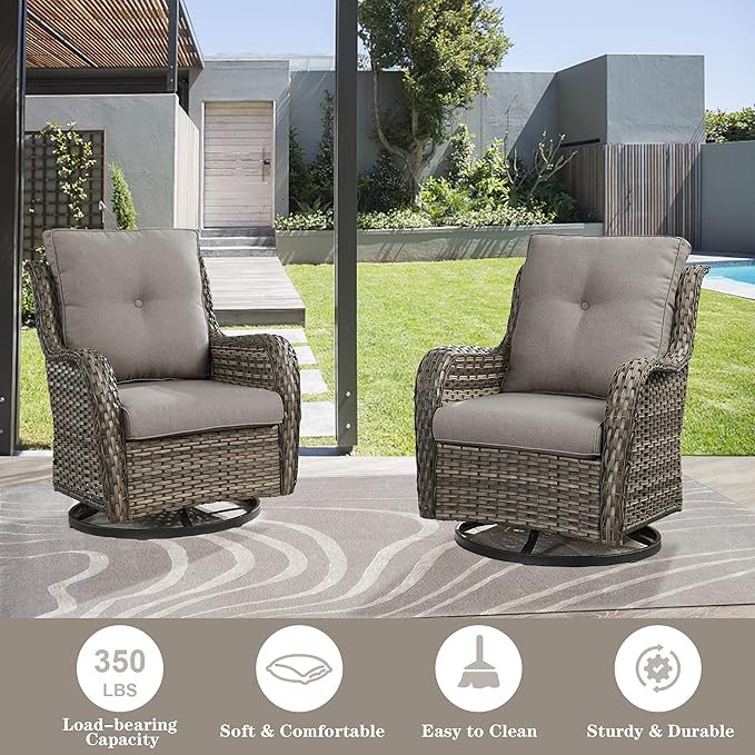 Outdoor Swivel Rcoker Patio Chairs - Outdoor Swivel Patio Chairs Set of 2 Wicker Chair Patio Furniture Sets with Covered Cushion for Porch Deck Balcony Garden, Gray