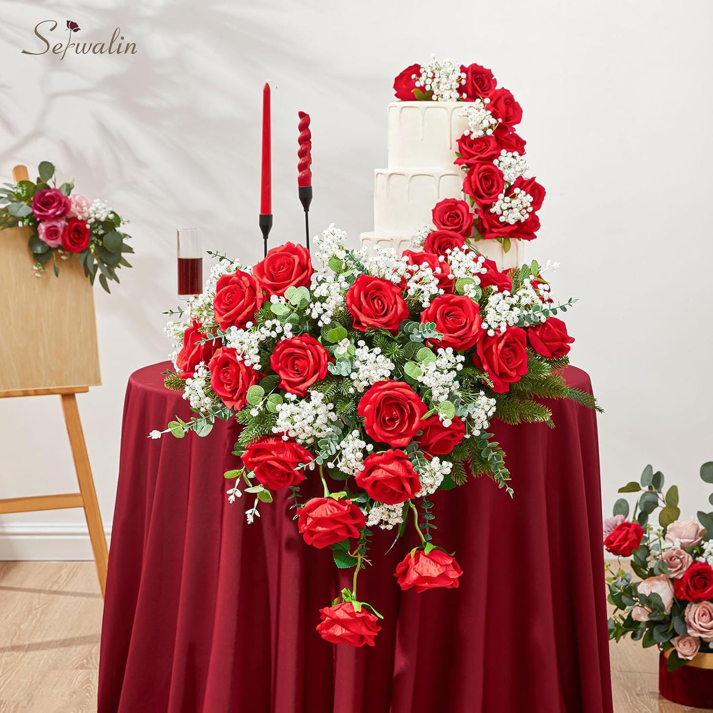 Serwalin 20Pcs Artificial Bright Red Roses, 4''Big Velvet Flower Head Fake Roses, Real Touch Silk Roses, Long Stems Realistic Roses Bouquet for Wedding Table Centerpiece and Home Decor