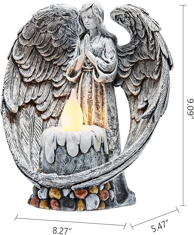 Angel Garden Statues Outdoor Cemetery Decorations for Grave Take The Cross Praying Wings Angel Figurine Cemetery Lights Patio Lawn Yard Porch Decorations 10.24 Inch