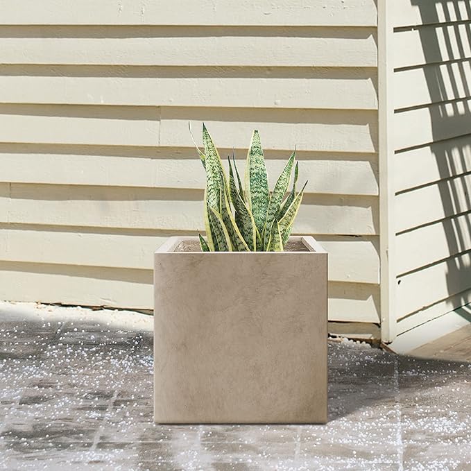 Kante 10 Inch Square Concrete Planter for Outdoor Indoor Home Patio Garden, Large Plant Pot with Drainage Hole and Rubber Plug, Weathered Concrete