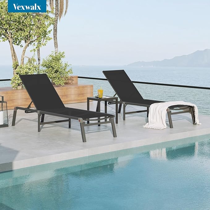 Chaise Lounge Outdoor, Foldable Aluminum Pool Lounge Chairs with 5 Positions Recliner - Free Assembly - Patio Chaise Lounge Chair for Poolside, Beach, Yard (Black)