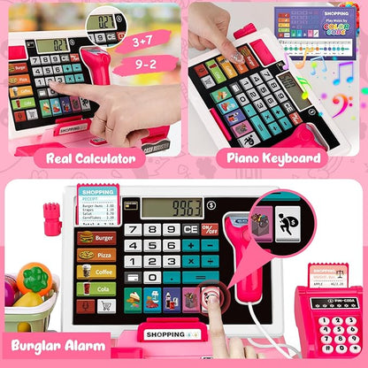 Kids Cash Register Toy Playset, Toddler Prentend Play Store with Real Calculator Cash Register with Scanner/Credit Card/Play Money/Food, Learning Toys for Boys Girls Toddlers(Pink)