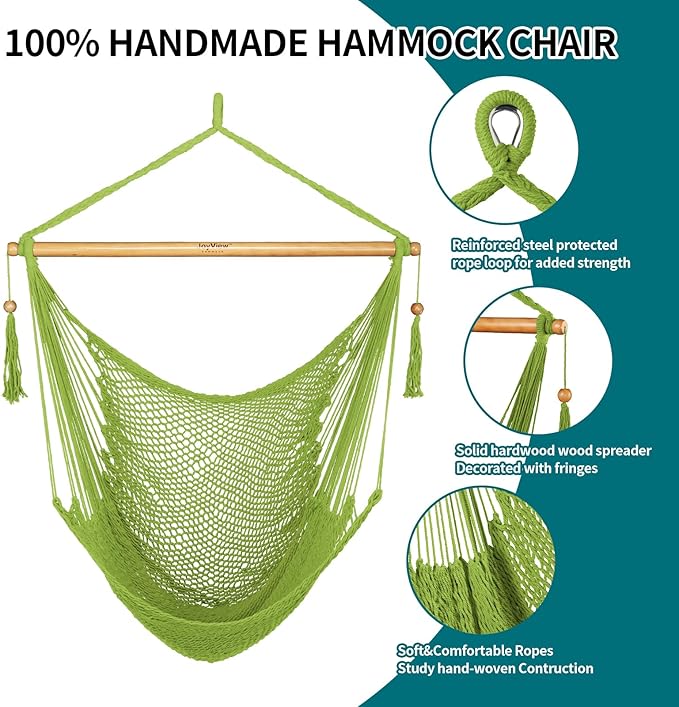 JoyView Hammock Chair with Spreader Bar Caribbean Hammock Swing Chair 300 LBS Weight Capacity XL Rope Hanging Chair for Outdoor Indoor Garden Yard - Light Green