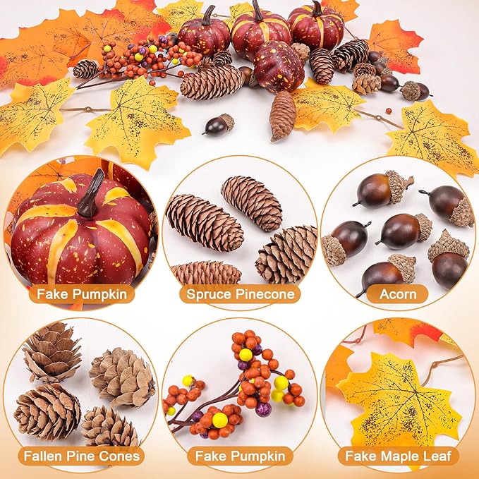 30 Pcs Artificial Pumpkins Set Fall Decorations with Maple Leaves Pine Cones Acorns Berries Assorted Fake Pumpkin for Thanksgiving Halloween Autumn Harvest Home Table Decor