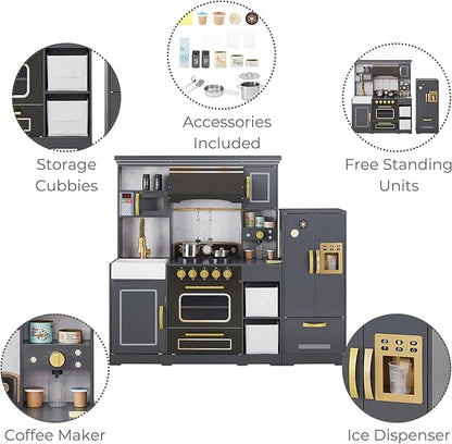 Teamson Kids Little Chef Colonie Play Kitchen for Kids, Gray – 2-Piece Pretend Kitchen Set with Ice Dispenser, Coffee Maker, Farmhouse Sink & Storage, Modern Wooden Toy for Toddlers & Girls Boys