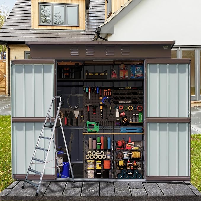 Domi Outdoor Storage Shed 6' x 4.5’, Metal Garden Shed with Galvanized Steel Frame for Bike, Tools, Lawn Mowers, Pool Toys, Outdoor Storage Cabinet with Lockable Door for Garden Lawn Patio (Brown)