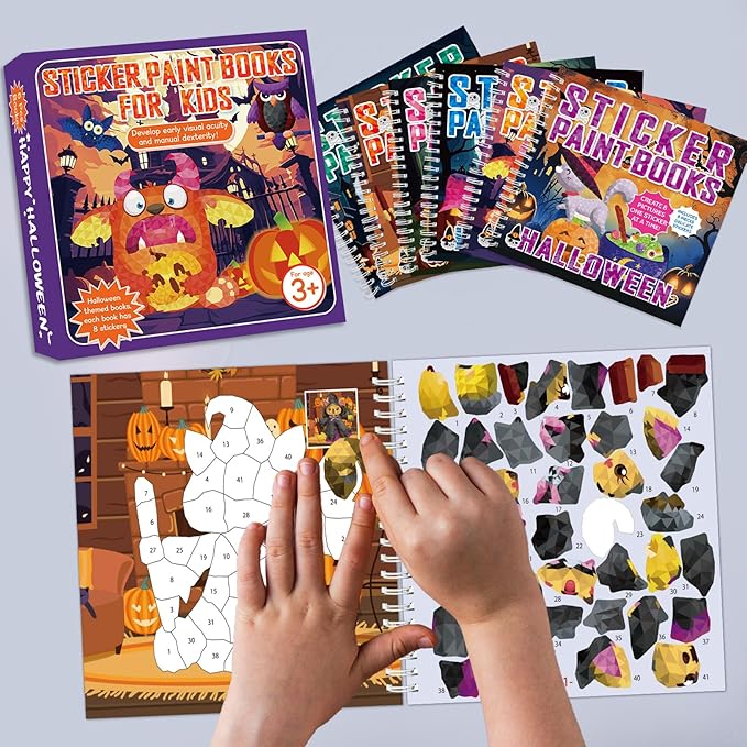 6 PCS Halloween Paint by Sticker Books for Kids Ages 4-8 Sticker by Number Books Activity Book for Kid Ages 3-5 Sticker Puzzle Book Craft Art Toddler Girl Gift with Pumpkin Ghost Monster 48 Pictures