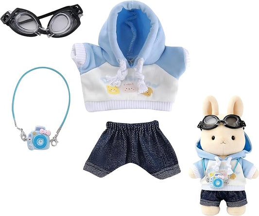 Clothes for Doll 4-Piece 17cm Doll Outfit with Blue Hoodie, Jeans, Glasses & Mini Backpack Clothes Only
