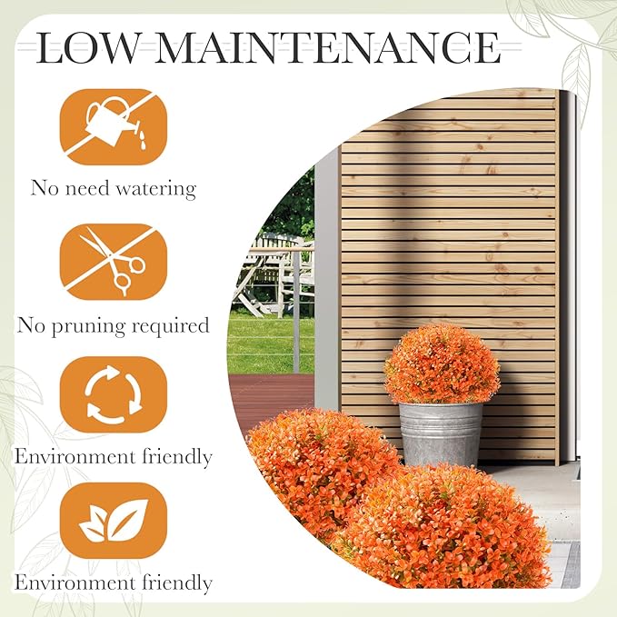 Yunlly 4 Pack 18" Artificial Boxwood Ball Bush Topiary Trees Fake Outdoor Plants, Realistic UV Resistance Faux Shrubs with Spike Greenery Topiary for Front Porch Garden Yard Patio Indoor (Orange)