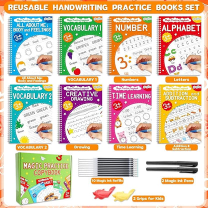gisgfim 8 Pack Magic Grooved Writing Practice Books for Kids Reusable Magical Handwriting Workbooks with Disappearing Ink Pens Letter,Numbers,Math Tracing Copybook for Kindergarten Preschool Age 3-8