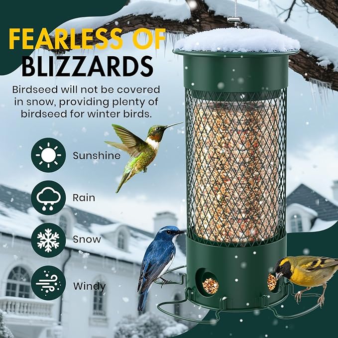 Metal Squirrel Proof Bird Feeders for Outdoors Hanging,Weight-Activated Large Capacity Feeder for Wild Finch, Cardinal,Blue Jay, Chickadee, Weatherproof and Durable 4 Perches,Green