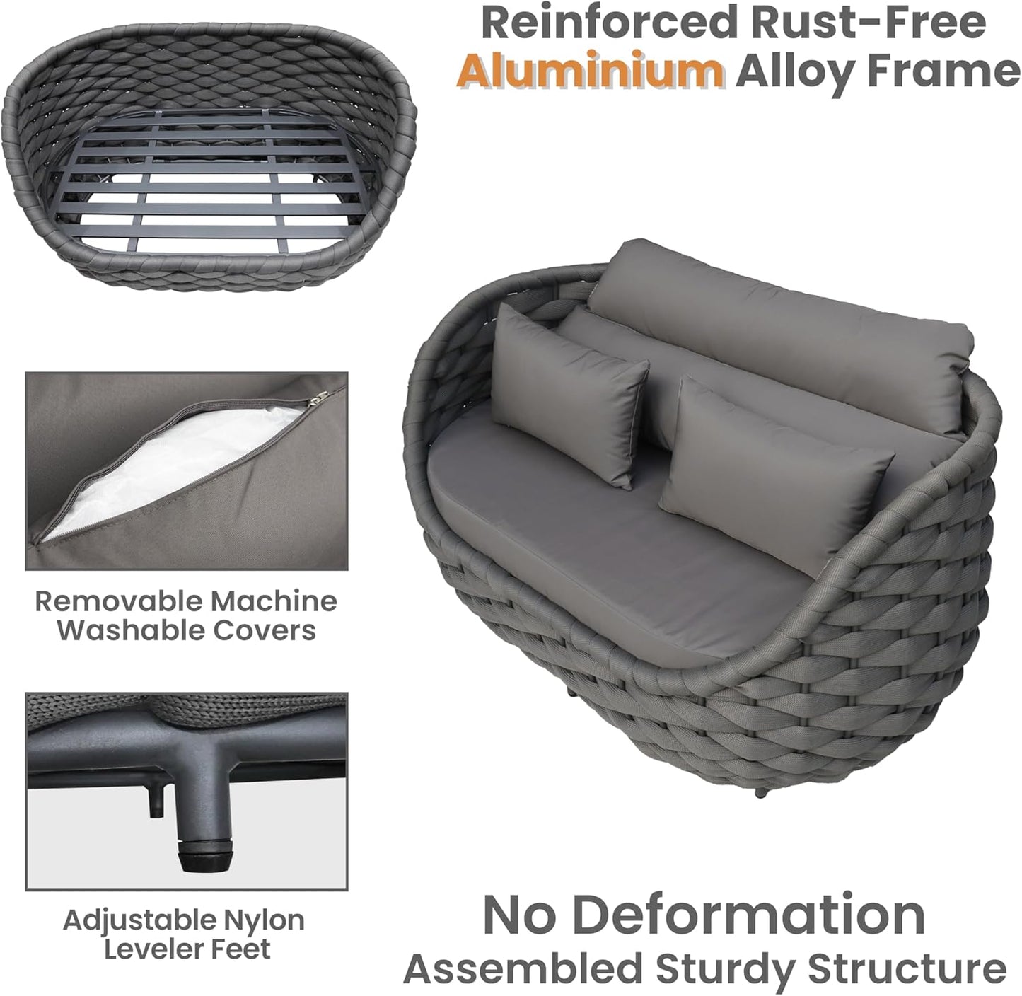 Patio Loveseat with Table: Aluminum Hand Woven Rope 2 Piece Patio Furniture Set - Cushioned Outdoor Seating Set - Modern Metal Lounge Set Assembled for Porch Balcony Deck Garden Hotel, Dark Grey