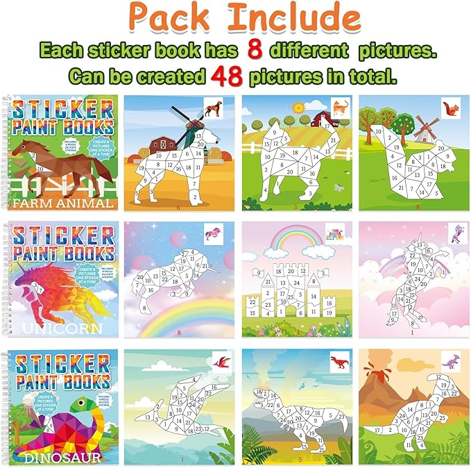 6 Pcs Paint by Sticker Books for Kids Ages 4-8 Sticker by Number Books Activity Book for Kids Ages 3-5 Sticker Puzzle Book Craft Art Toddler Girls Gift with Dinosaur Unicorn Forest Animal 48 Pictures